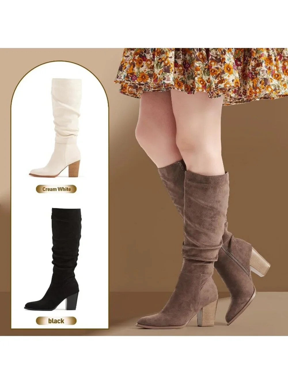 Women's  Khaki Knee High Faux Suede Pointed Toe Slouch Boots with Chunky Heel
